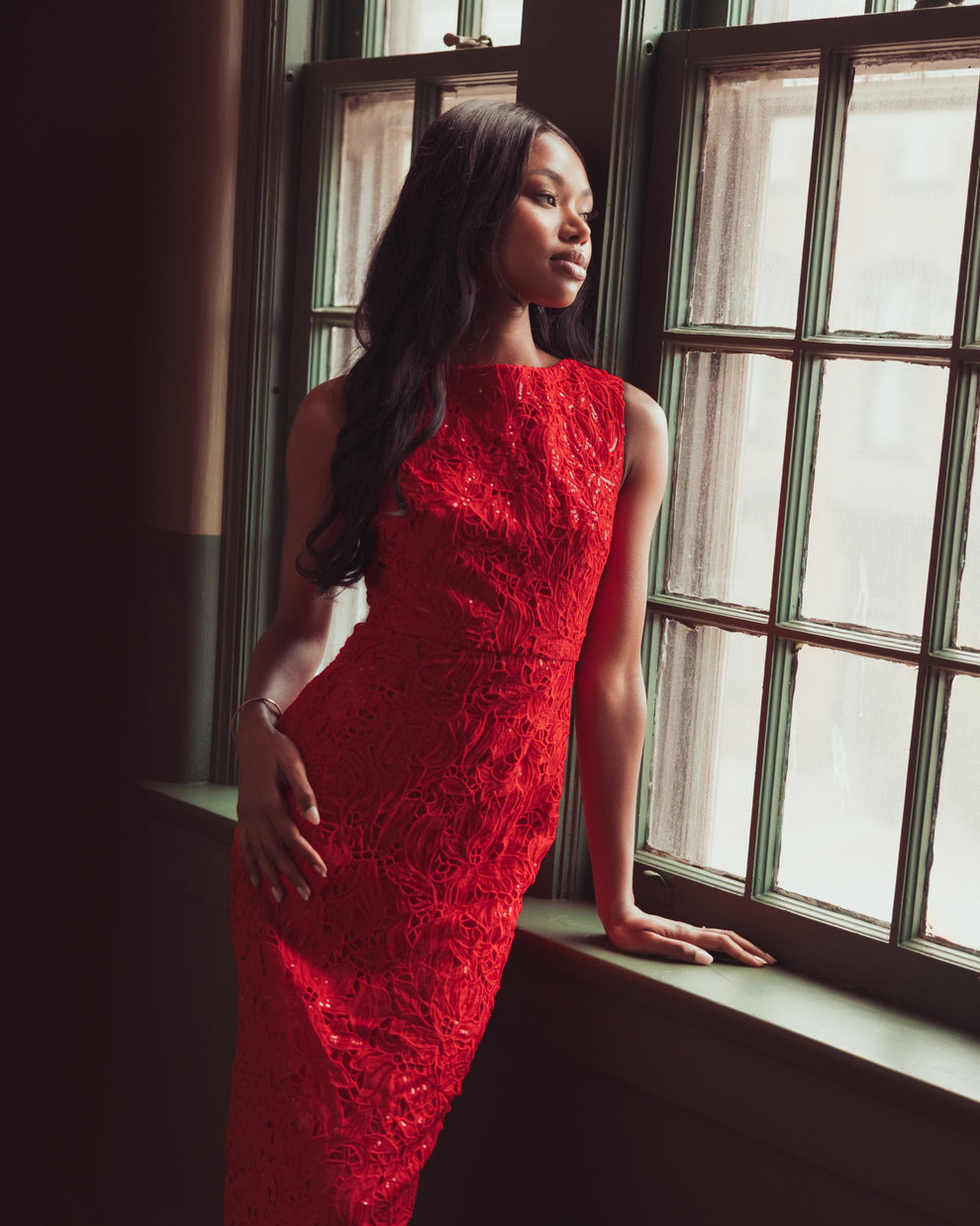 Crew/High-Neck Floor-Length Lace Formal Sheath Mac Duggal 56435
