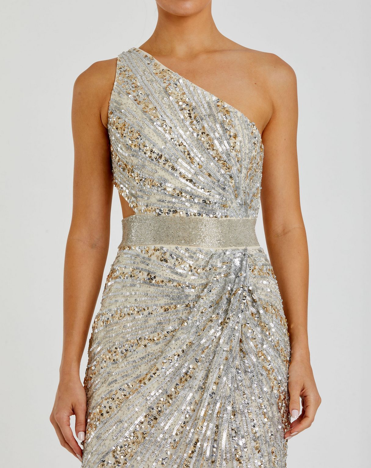 Prom Dresses Long Formal One Shoulder Prom Gown Nude Silver