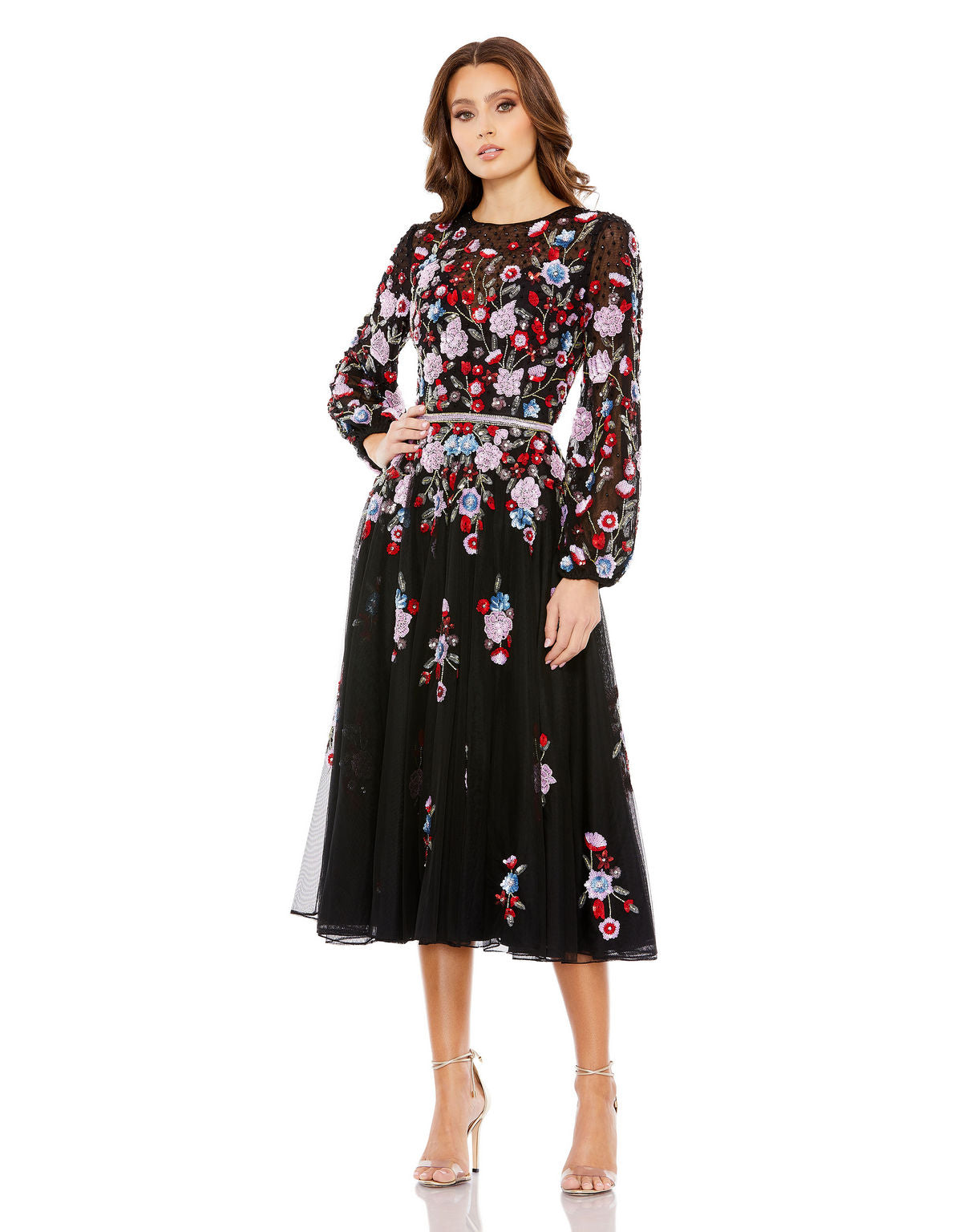 Black Multi Mac Duggal 5712 Long Sleeve Floral A Line Cocktail