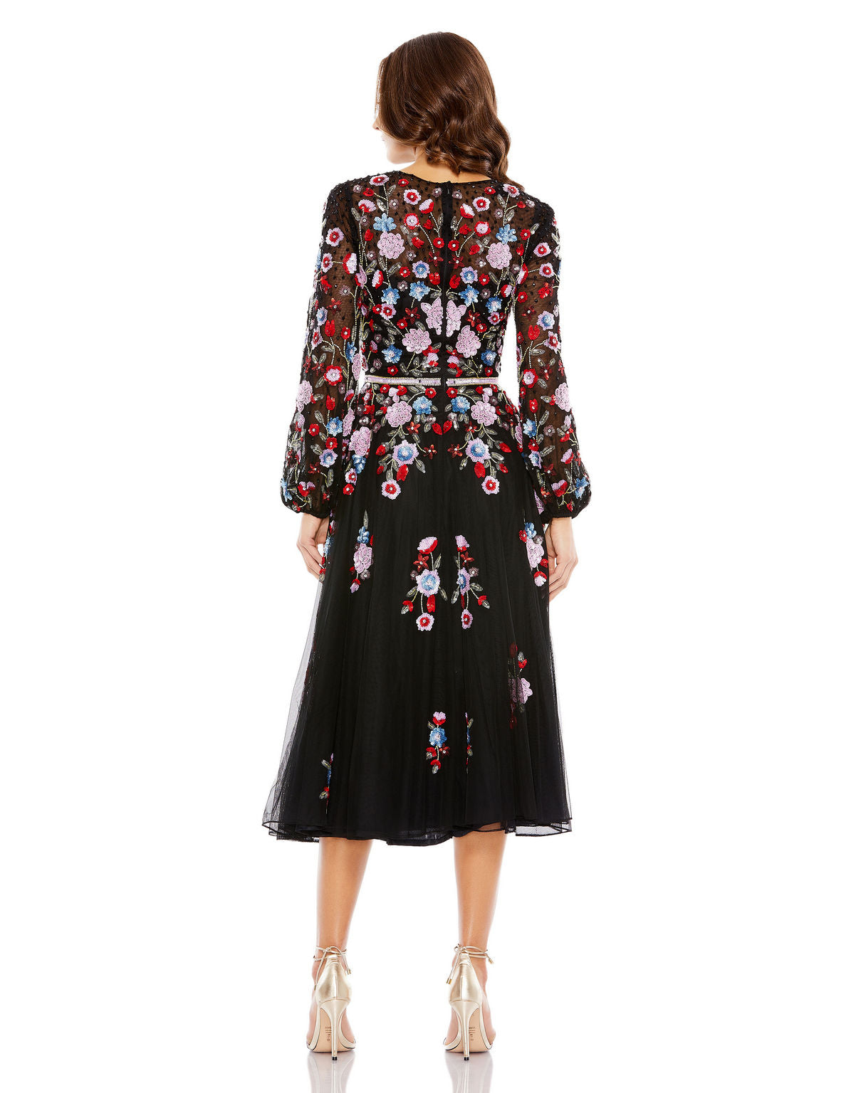 Cocktail Dresses Long Sleeve Floral A Line Cocktail Midi Dress Black Multi