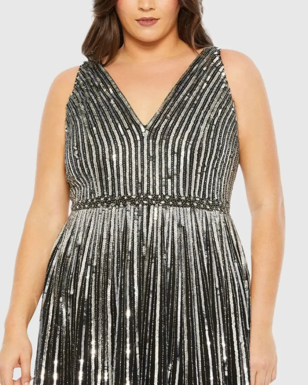 Plus Size Dresses Sequined Striped Long Formal Plus Size Dress Black Silver