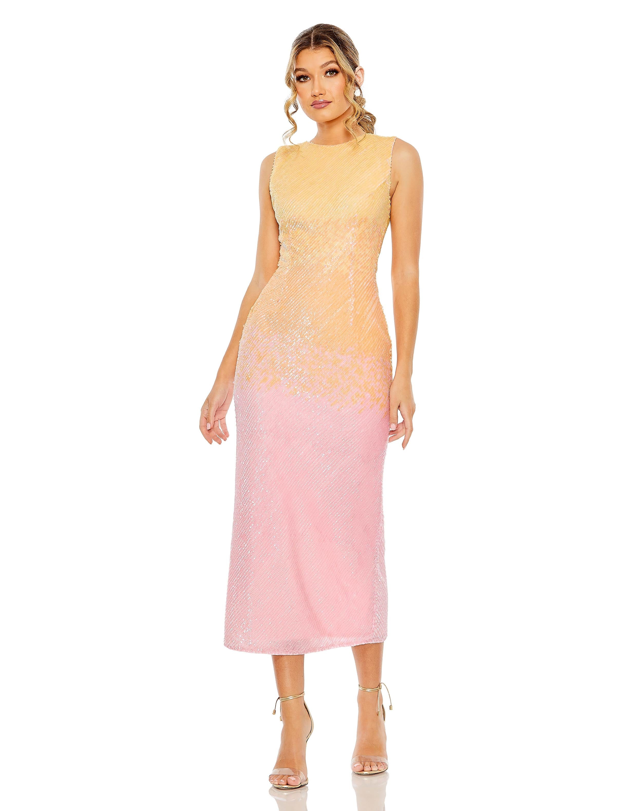 Sunset Mac Duggal 5772 Short Ombre Sequin Cocktail Midi Dress