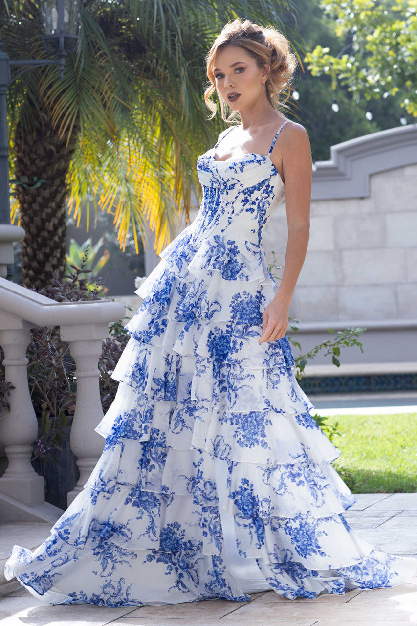 Prom Dresses Long Formal Corset Ruffle Floral Prom Dress Lenovia 8499 Blue White