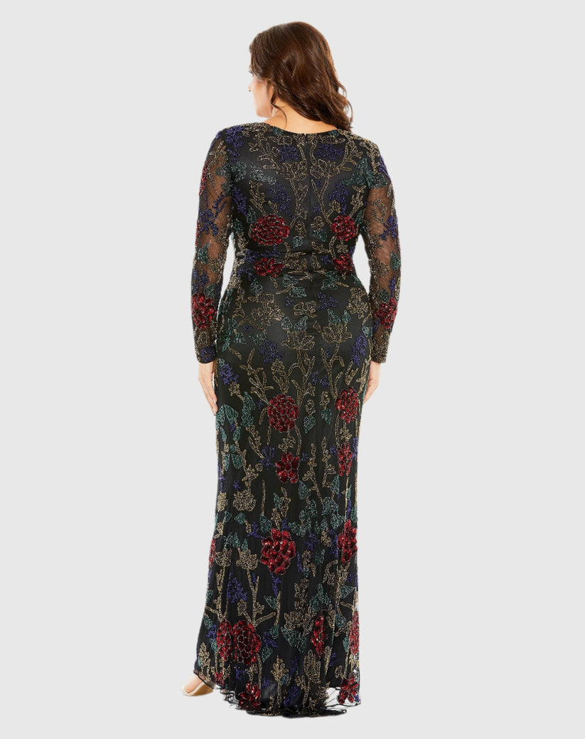 Plus Size Dresses Long Sleeve Plus Size Formal Beaded Evening Dress Black Multi
