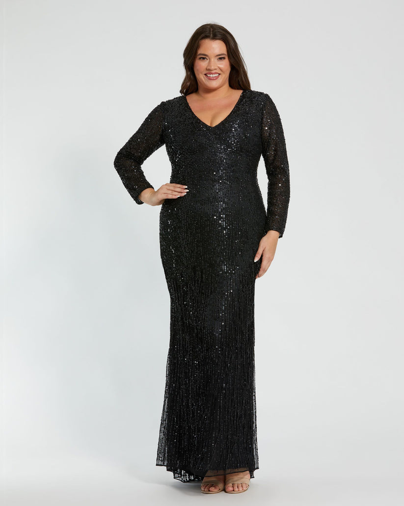 Black Mac Duggal 5947 Long Sleeve Beaded Fringe Plus Size Formal