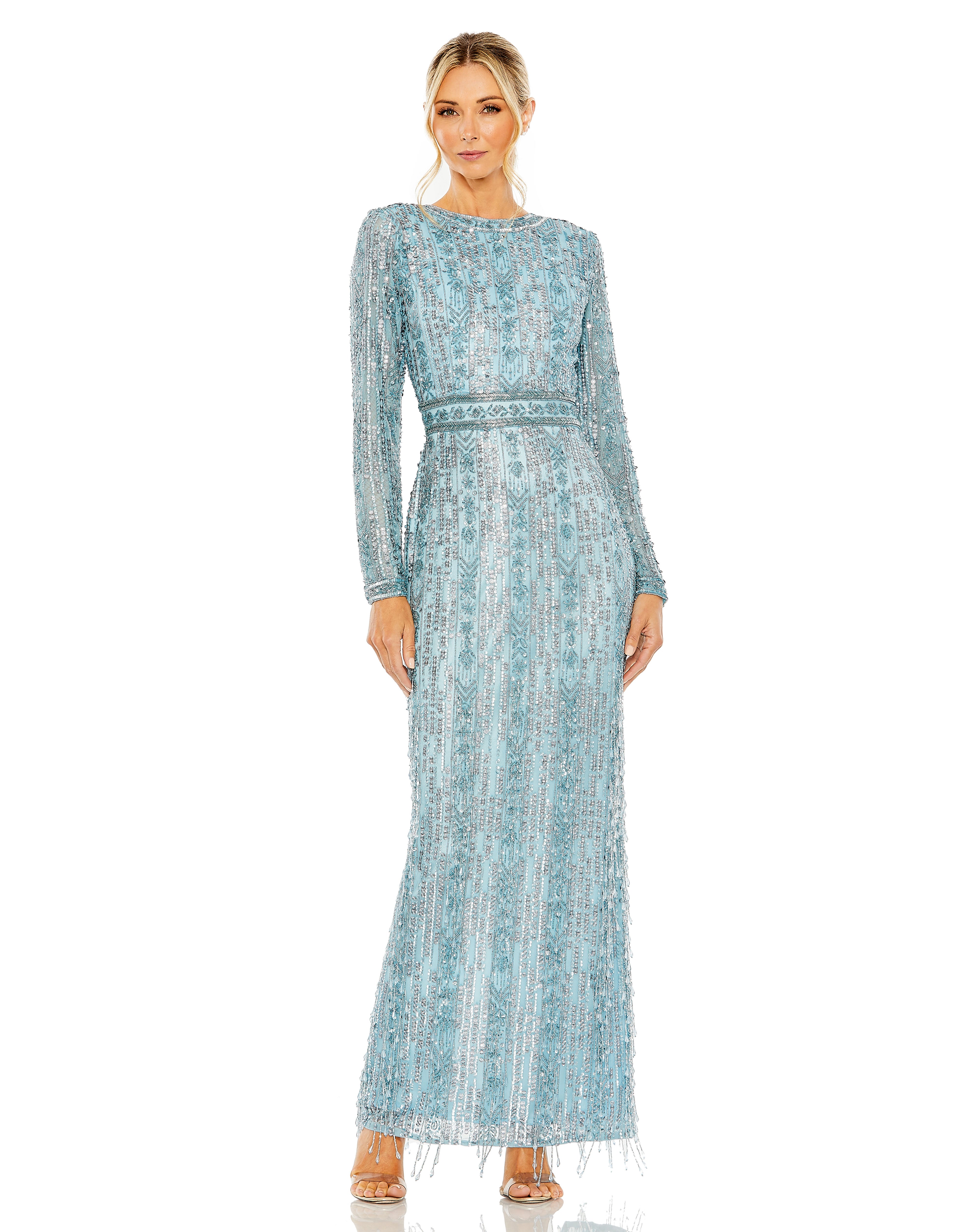 Long Sleeve Crystal Fringe Column Dress Crystal Fringe Column Mac Duggal 5981