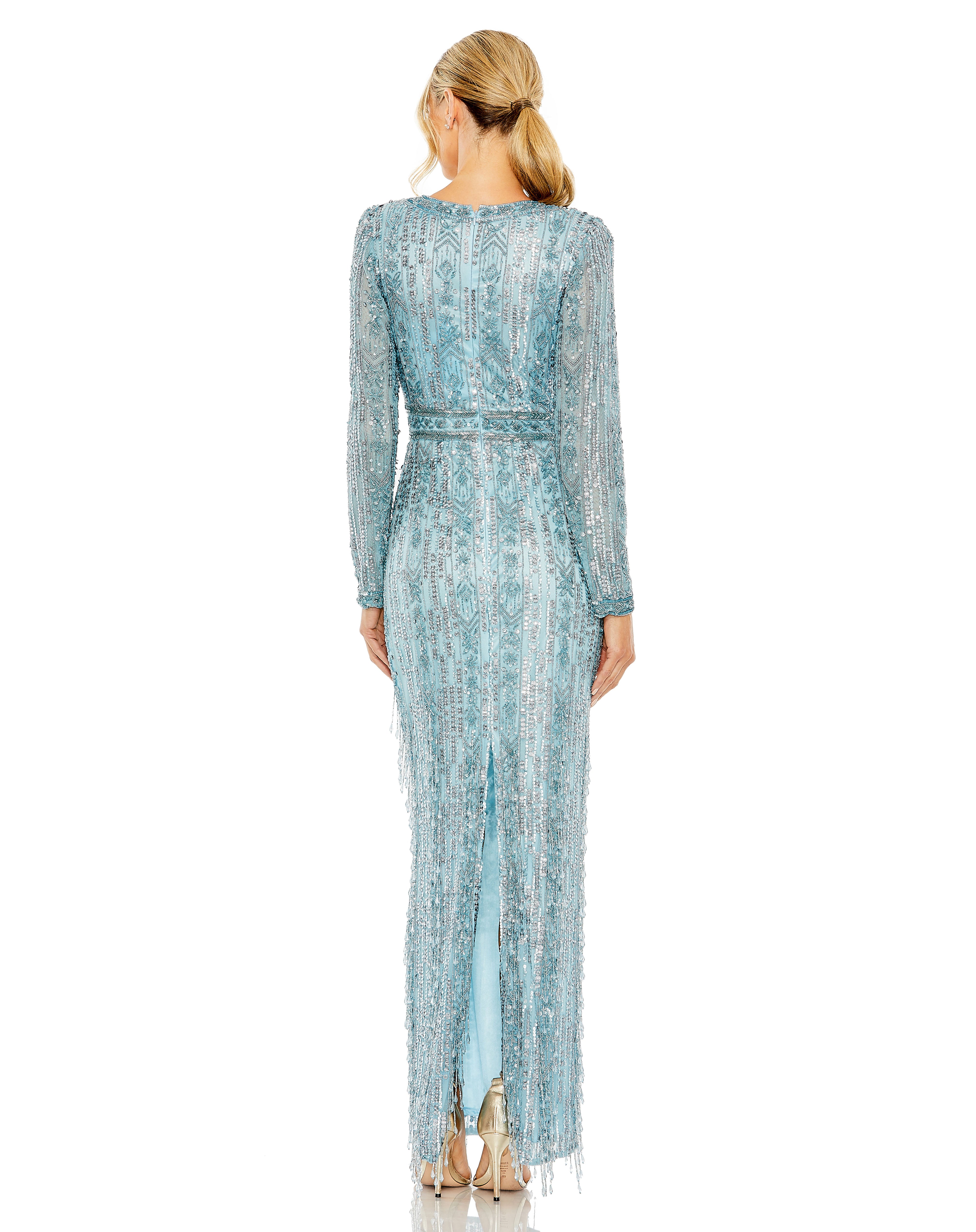 Long Sleeve Crystal Fringe Column Dress Crystal Fringe Column Mac Duggal 5981