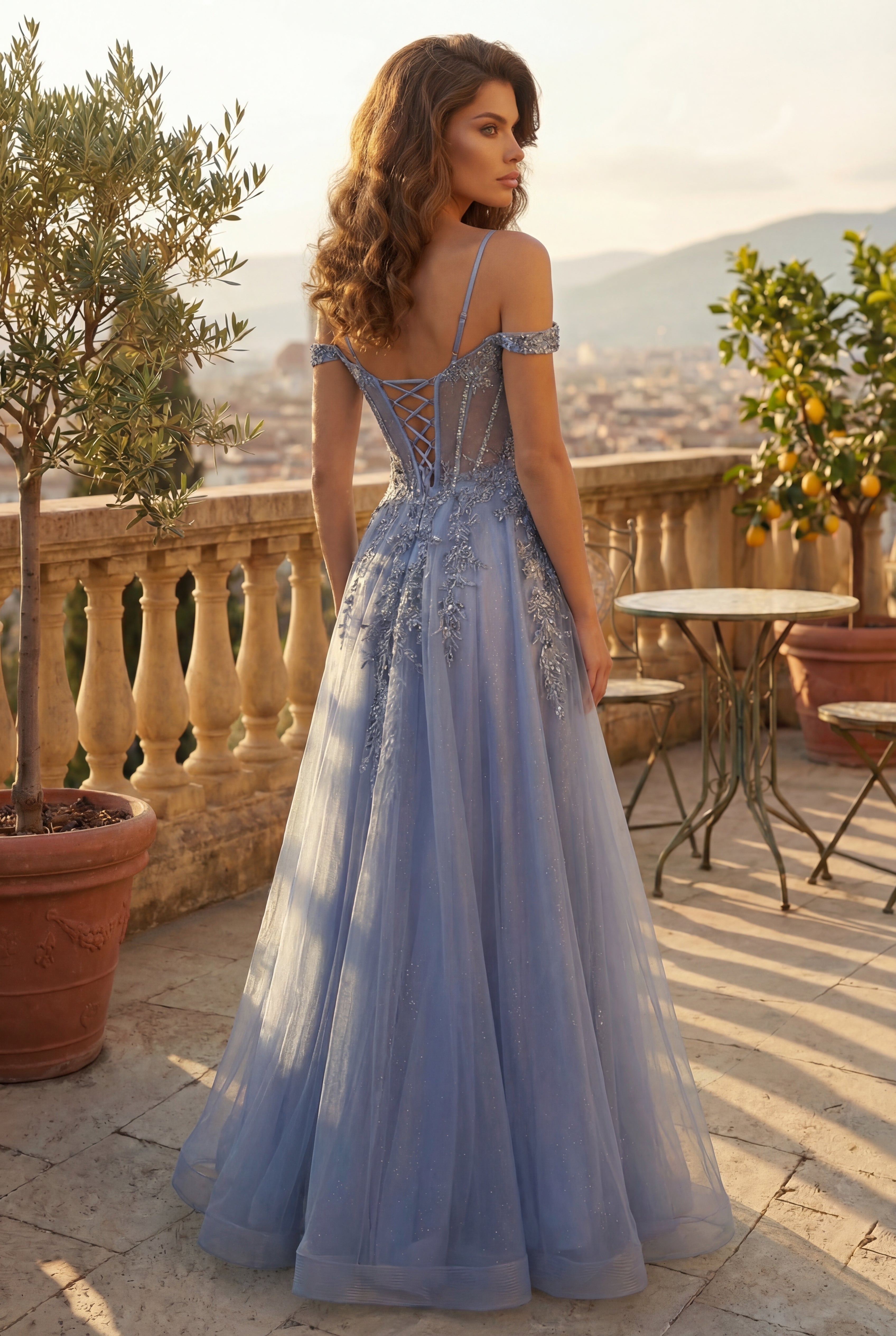 Periwinkle Off-Shoulder Corset Prom & Formal Gown