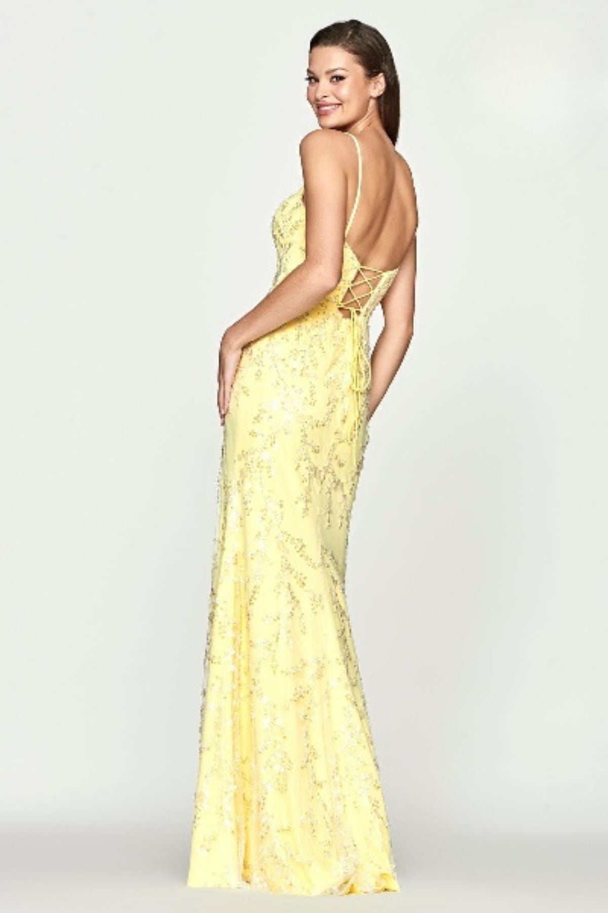 Prom Dresses Fitted Slit Long Formal Sequin Prom Dress Light Yellow