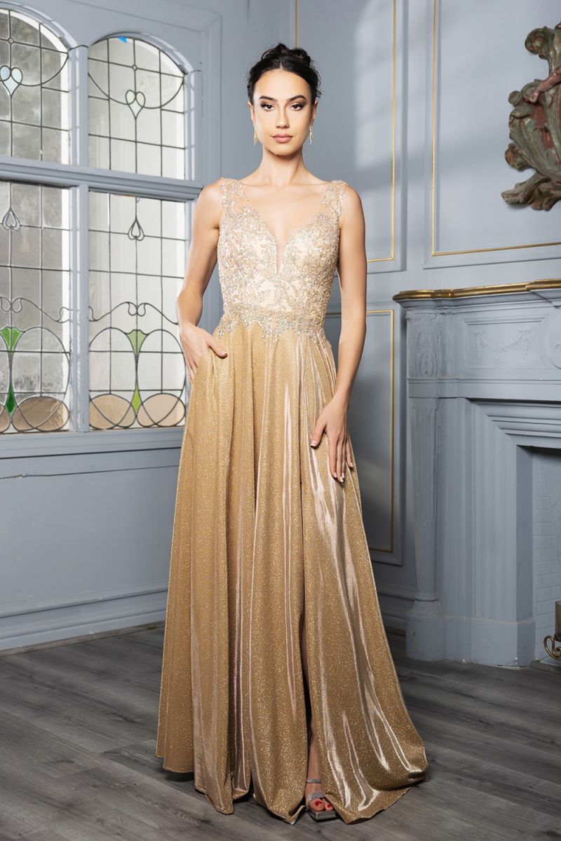 V-Neck Floor-Length Sequin Prom A-Line May Queen 2137
