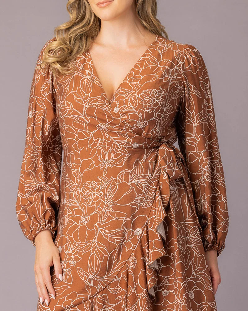 Plus Size Dresses Ruffle Short Cocktail Plus Size Dress Chocolate Floral Print