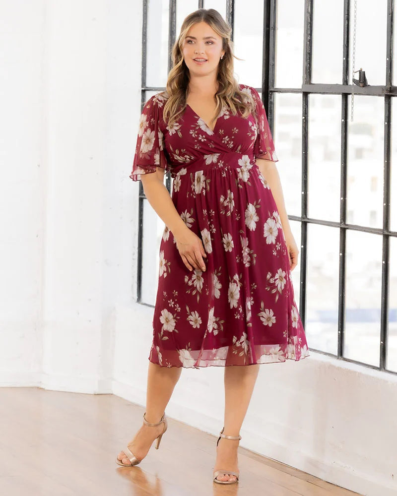 Plus Size Dresses Midi Short A Line Plus Size Dress Raspberry Floral Print