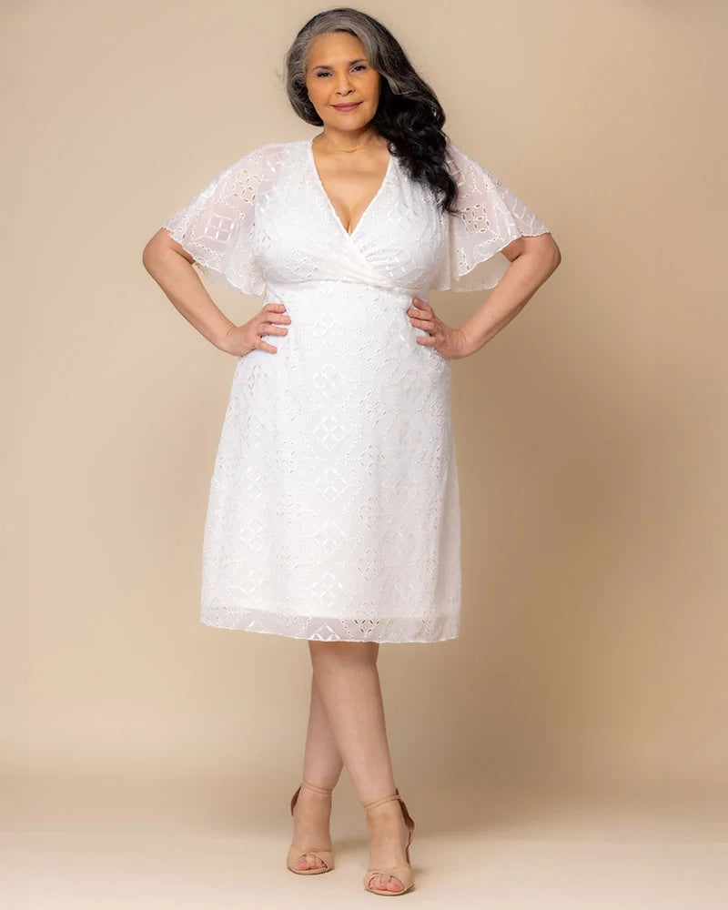 Ivory Eyelet V-Neck Knee-Length Eyelet Casual Dress Flutter Sleeve Plus Size Dress Kiyonna 12262105