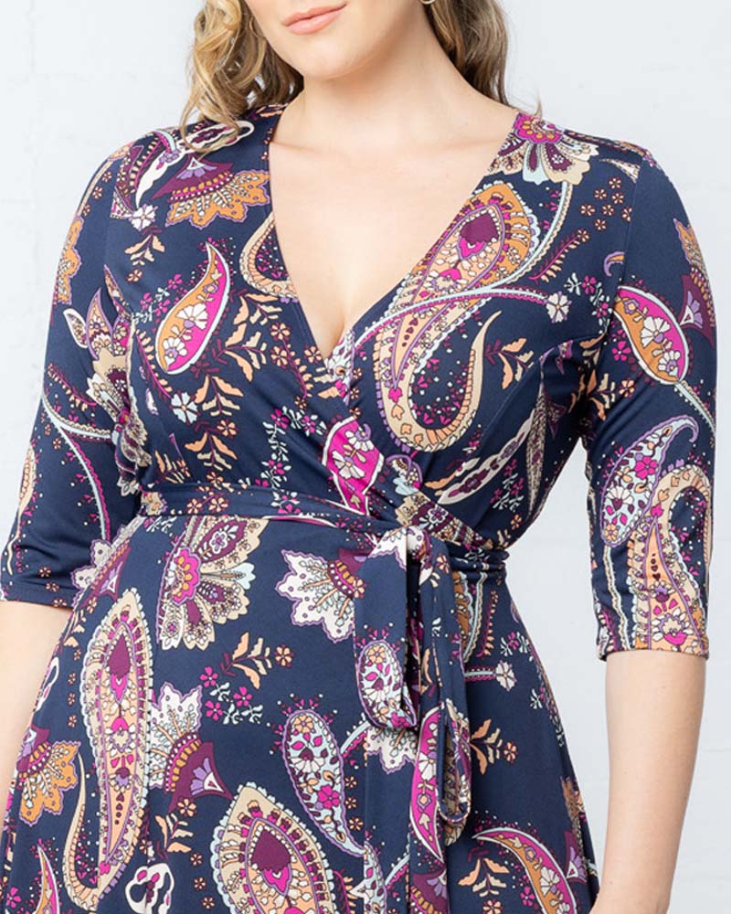 Plus Size Dresses Short Fitted Print Midi Cocktail Dress Navy Paisley Print