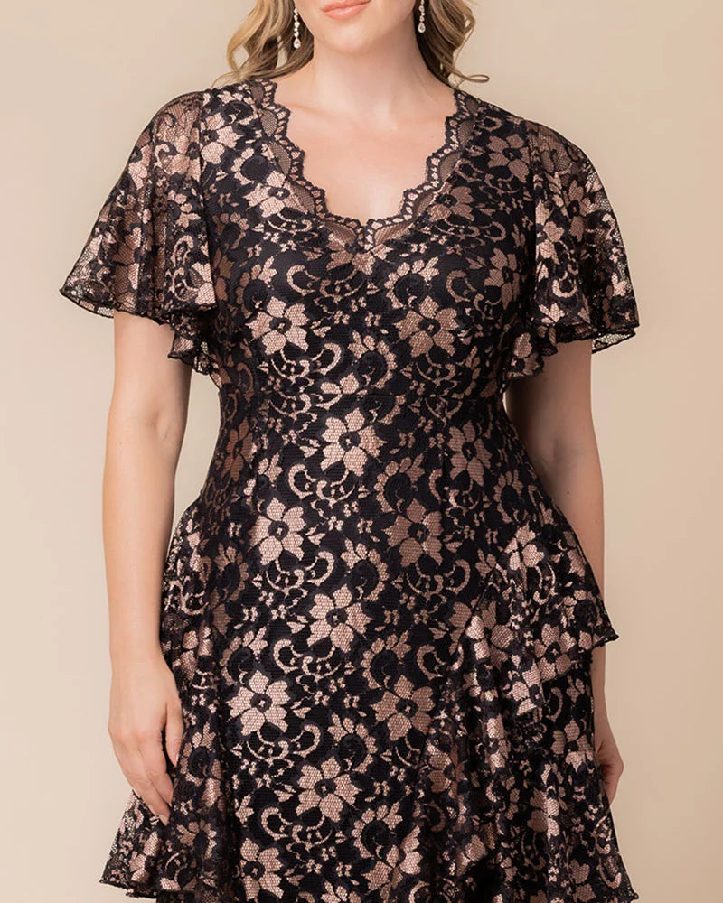 Plus Size Dresses Short Lace Tea Length Cocktail Dress Rose Gold Lace