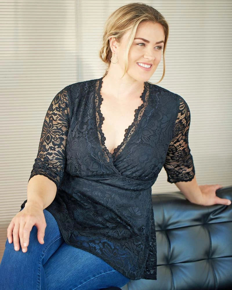 V-Neck 3/4 Sleeve Lace Fit & Flare Plus Size Top Kiyonna KY21120905