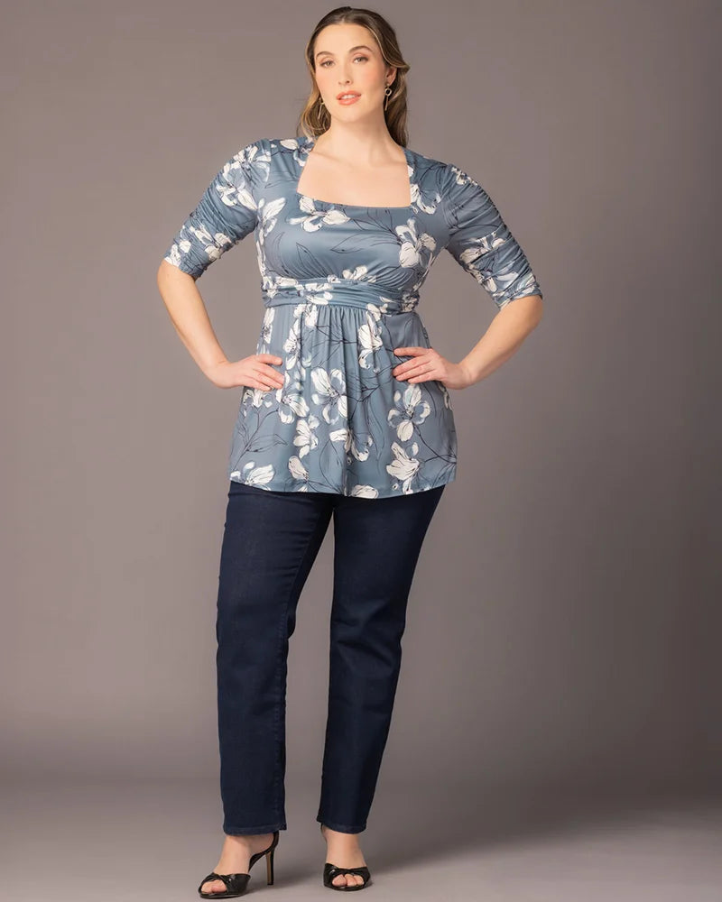 Square Neck Midi Jersey Empire Waist Plus Size Floral Top - Kiyonna KY22232601