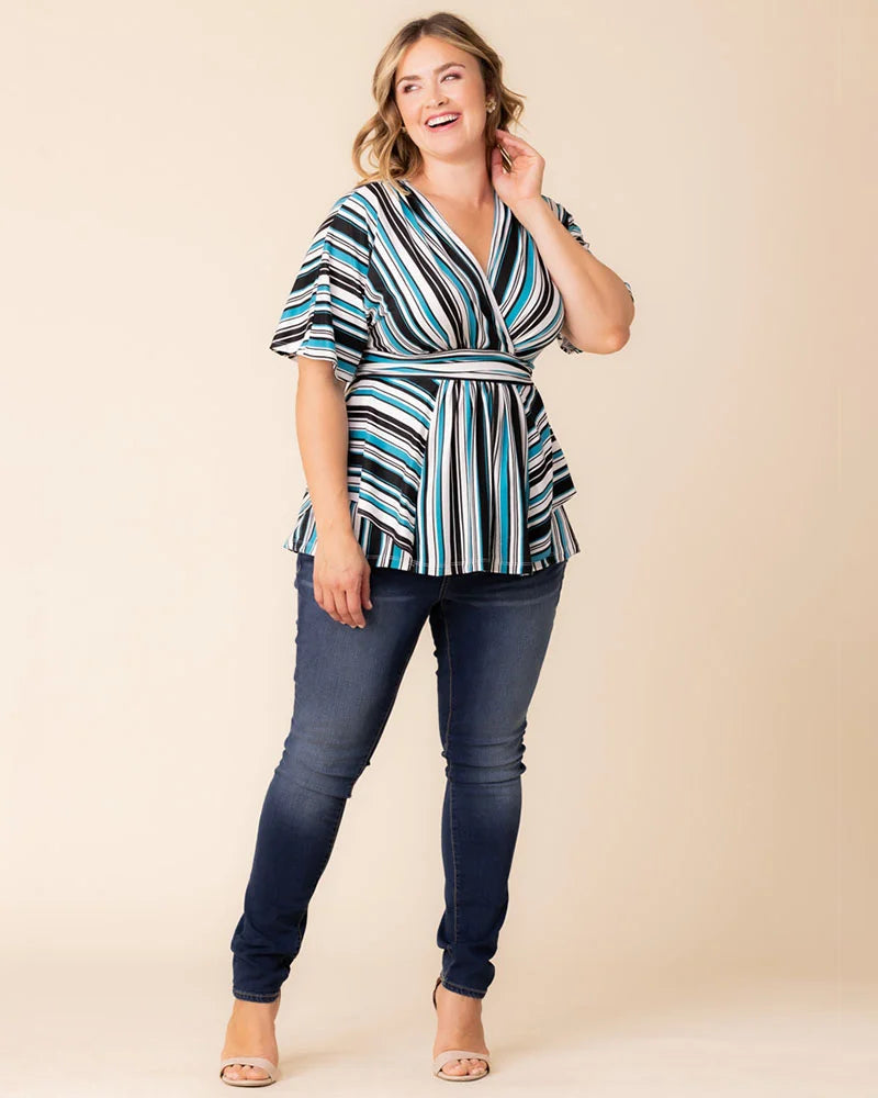 Top Plus Size Formal Top Kiyonna 22240703 Teal Stripes
