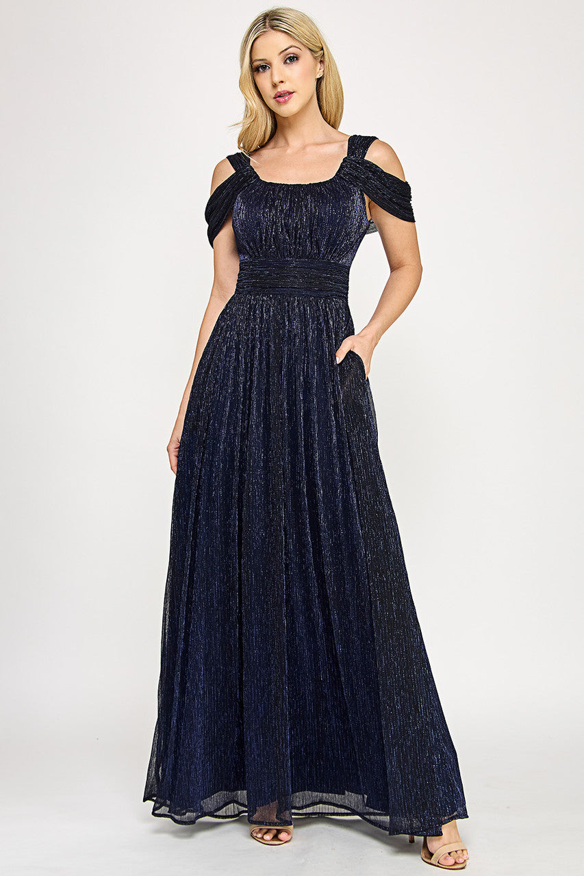 Formal Dresses Long Evening Formal Pleated Dress Lenovia 5327 Navy Blue