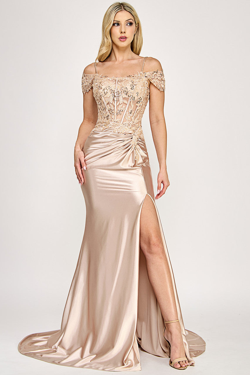 Prom Dresses Corset Formal Fitted Long Prom Dress Lenovia 8348 Champagne