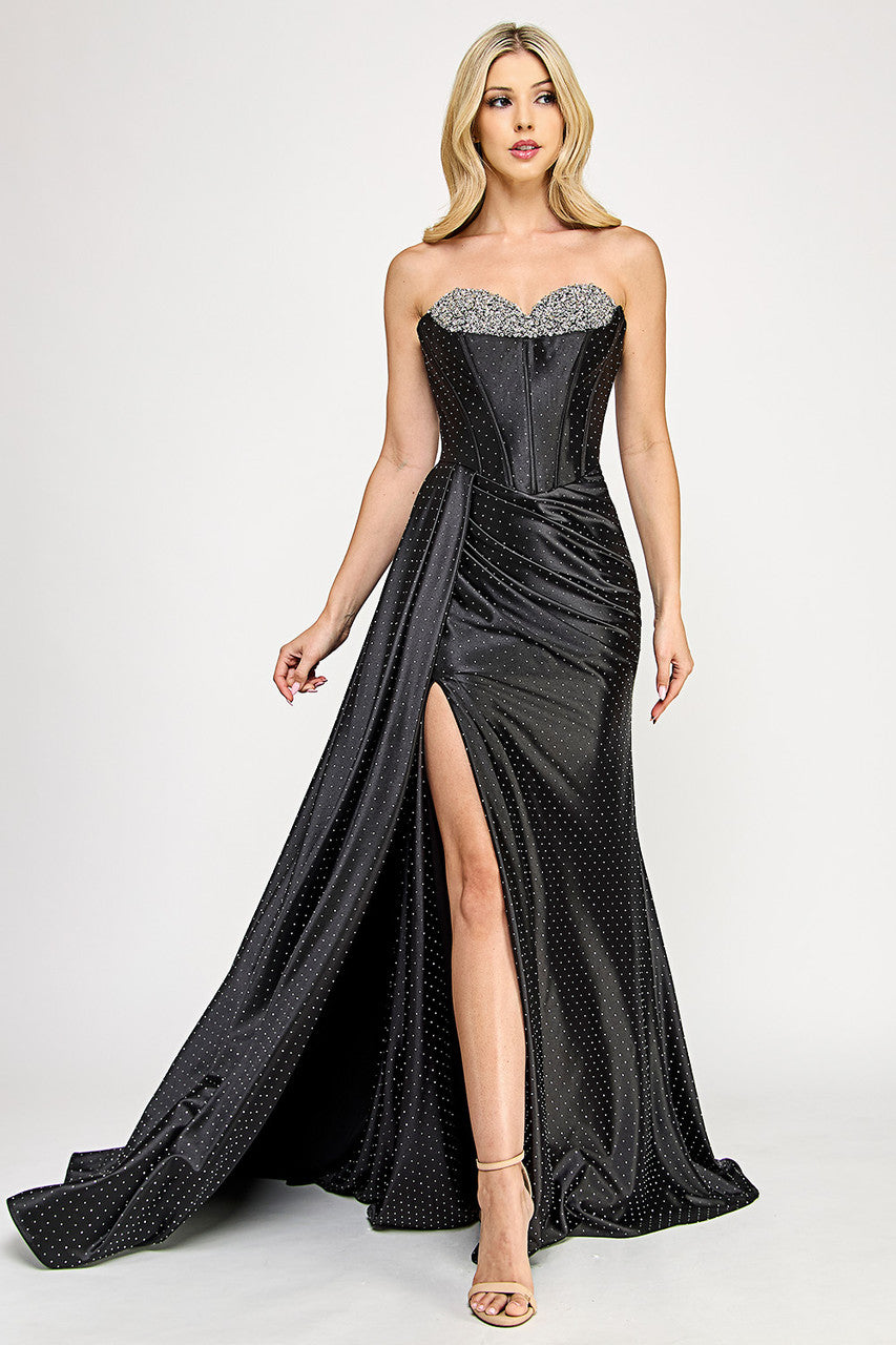 Prom Dresses Corset Beaded Long Formal Pleated Prom Dress Lenovia 8402 Black