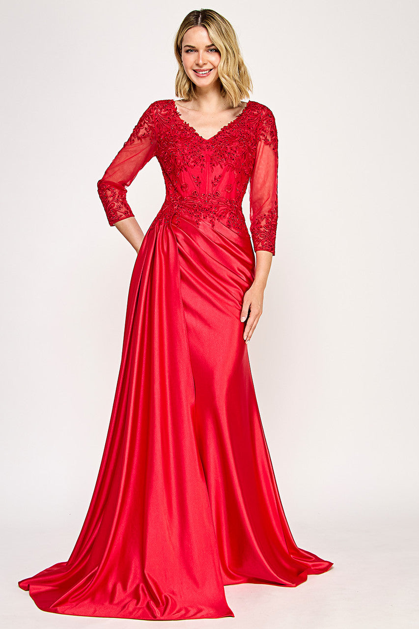 Mother of the Bride Dresses Long Formal Mother of the Bride Lace Applique Corset Dress Lenovia 8366 Red