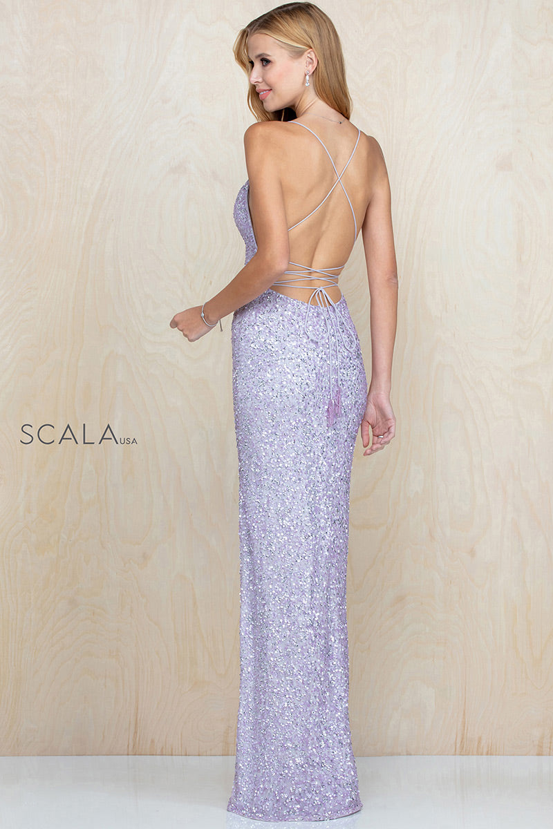 V-Neck Floor-Length Sequin Prom Mermaid Scala 60116
