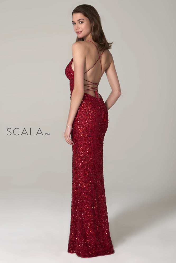 V-Neck Floor-Length Sequin Prom Mermaid Scala 60116