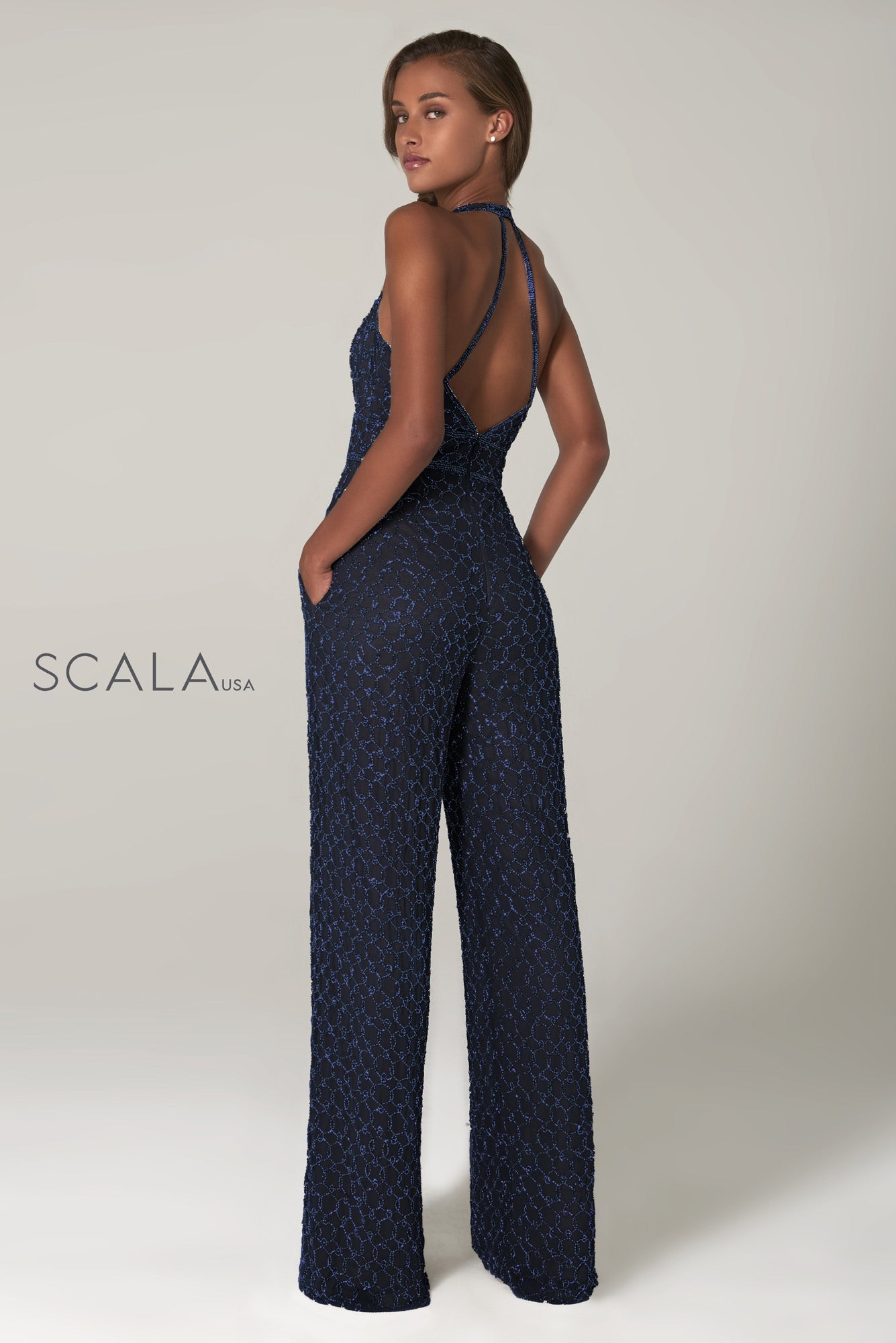 Plunging Halter Long Sequin Lace Jumpsuit by Scala 60132 in Midnight