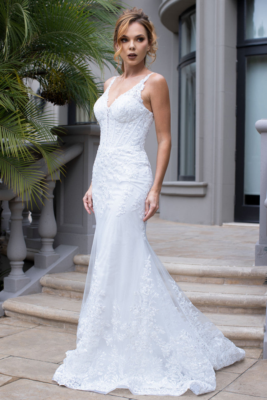V-Neck Floor Length Lace Wedding Dress by Lenovia 8460 in Off White