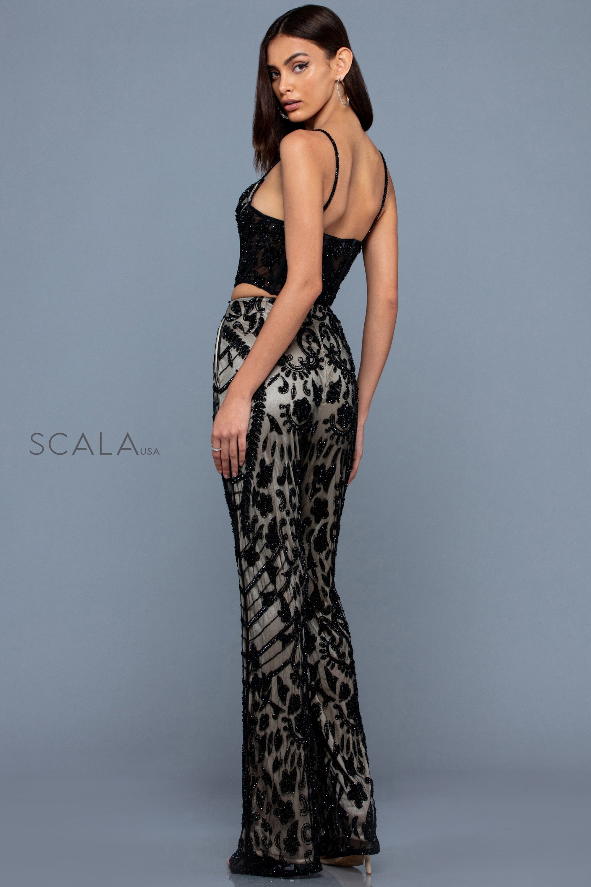 Sweetheart Crop Top Wide-Leg Beaded Pant Suit by Scala 60244 in Black/Nude