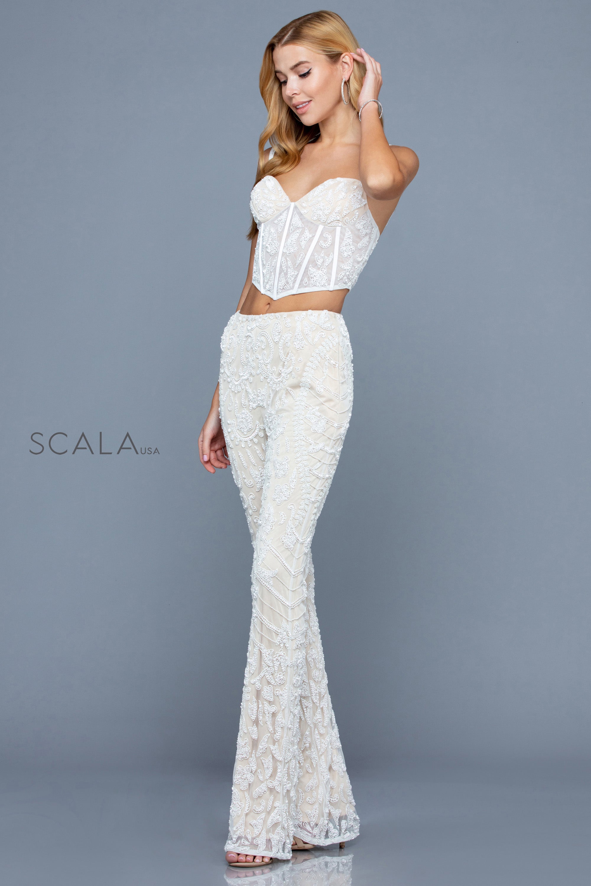 Sweetheart Crop Top Wide-Leg Beaded Pant Suit by Scala 60244 in Ivory/Nude