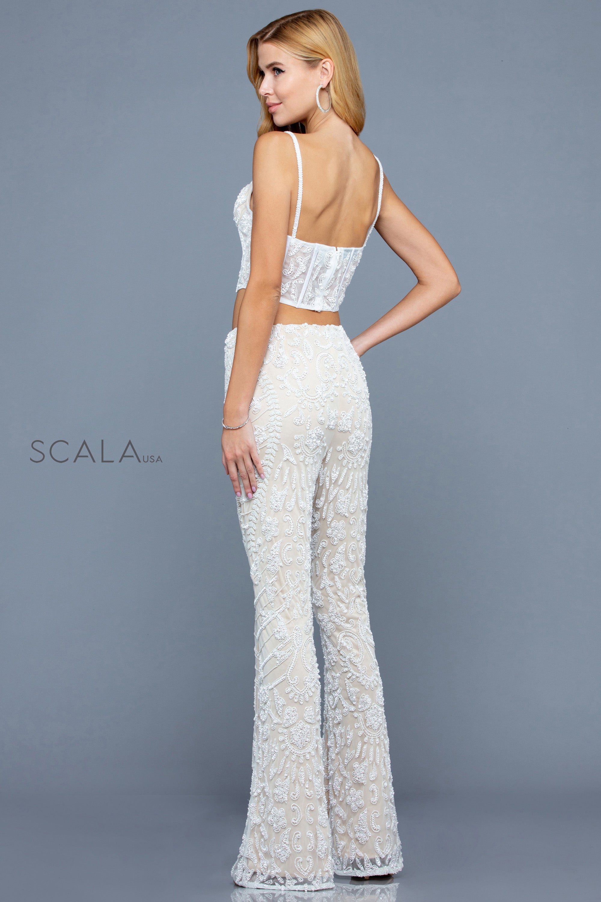 Sweetheart Crop Top Wide-Leg Beaded Pant Suit by Scala 60244 in Ivory/Nude