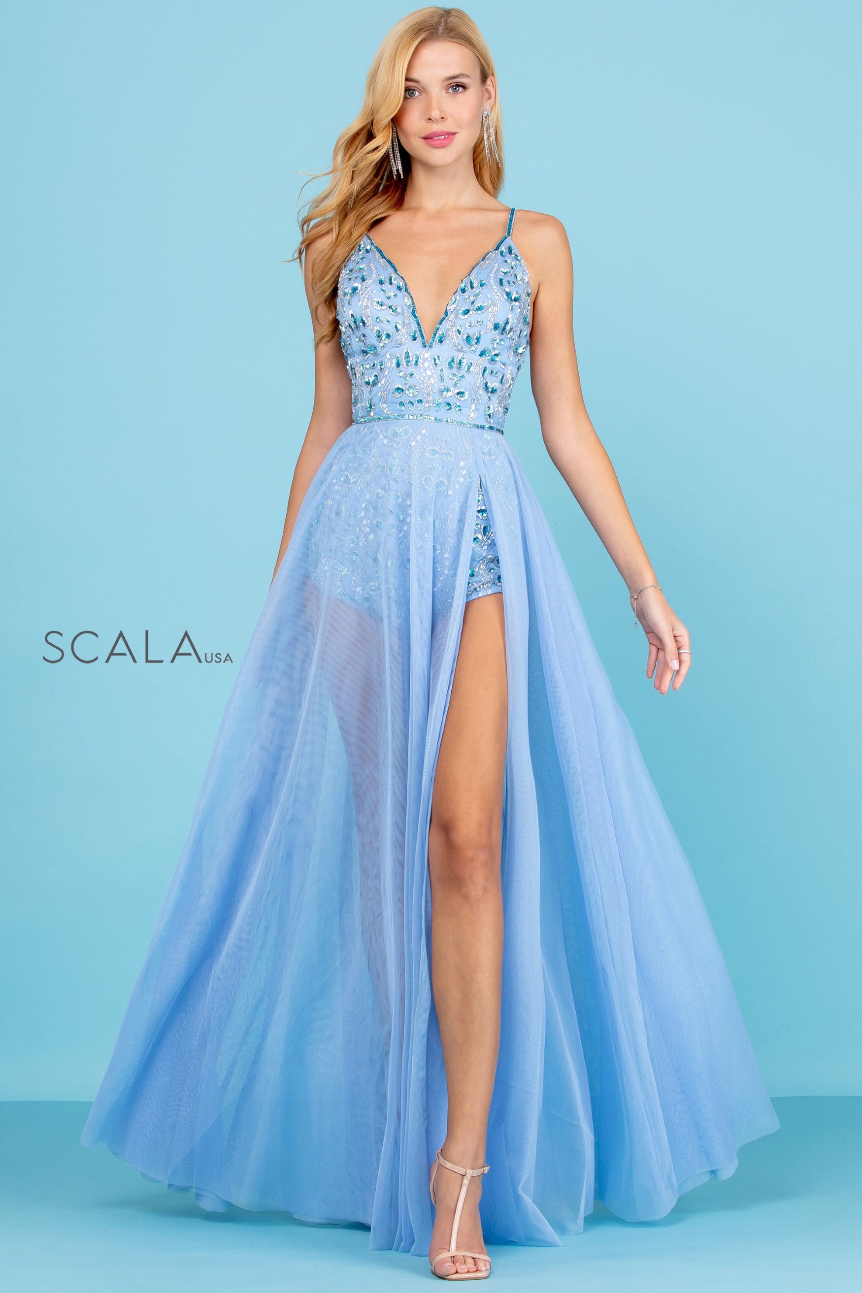 V-Neck Floor-Length Tulle Prom A-Line Scala 60262