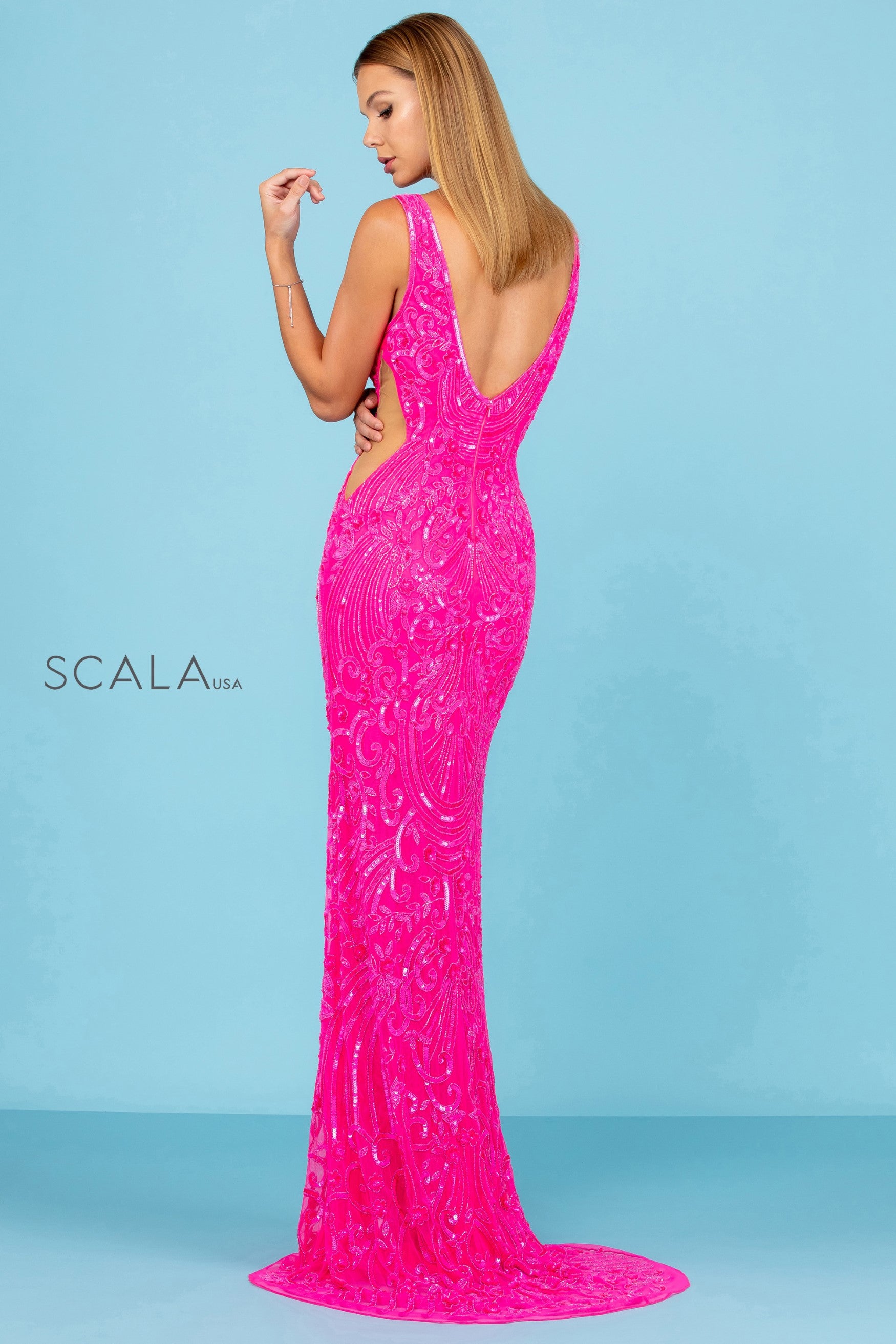 V-Neck Floor-Length Sequin Prom Mermaid Scala 60294