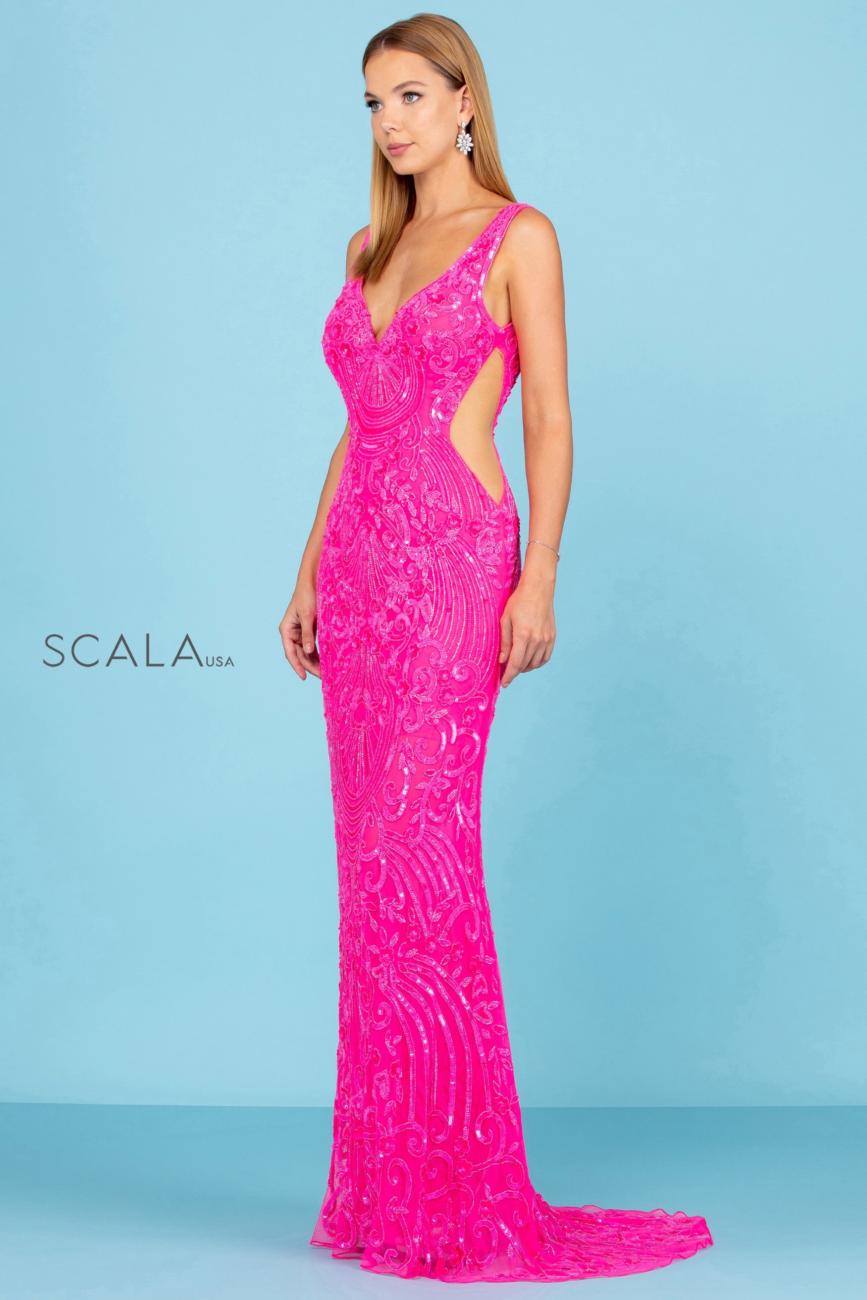 V-Neck Floor-Length Sequin Prom Mermaid Scala 60294