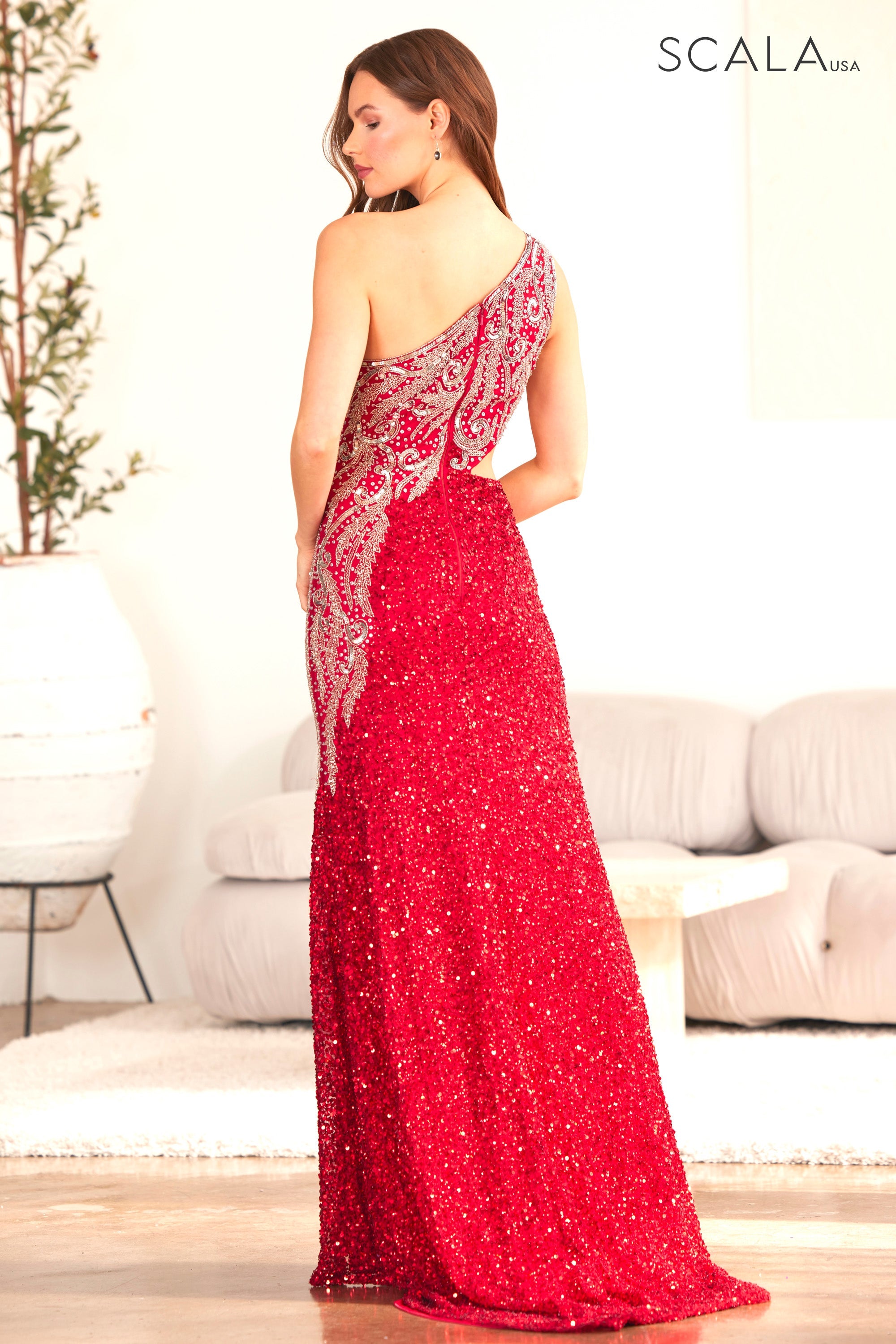 Prom Dresses Beaded Formal Long Fitted Sequin Prom Gown Red/Silver