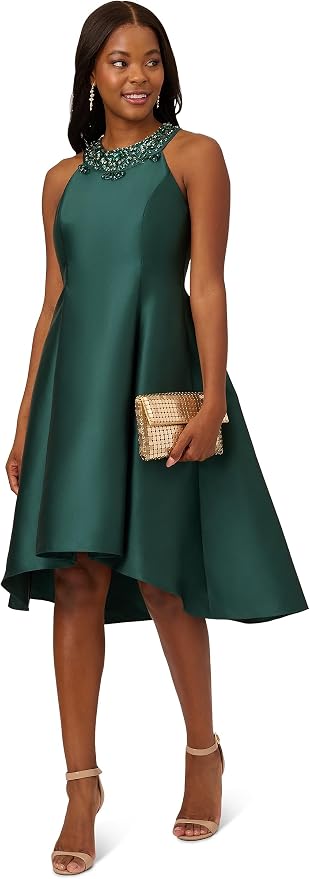 Dark Forest Adrianna Papell AP1E201904 Jeweled High-Neck Satin Cocktai Dress High-Low