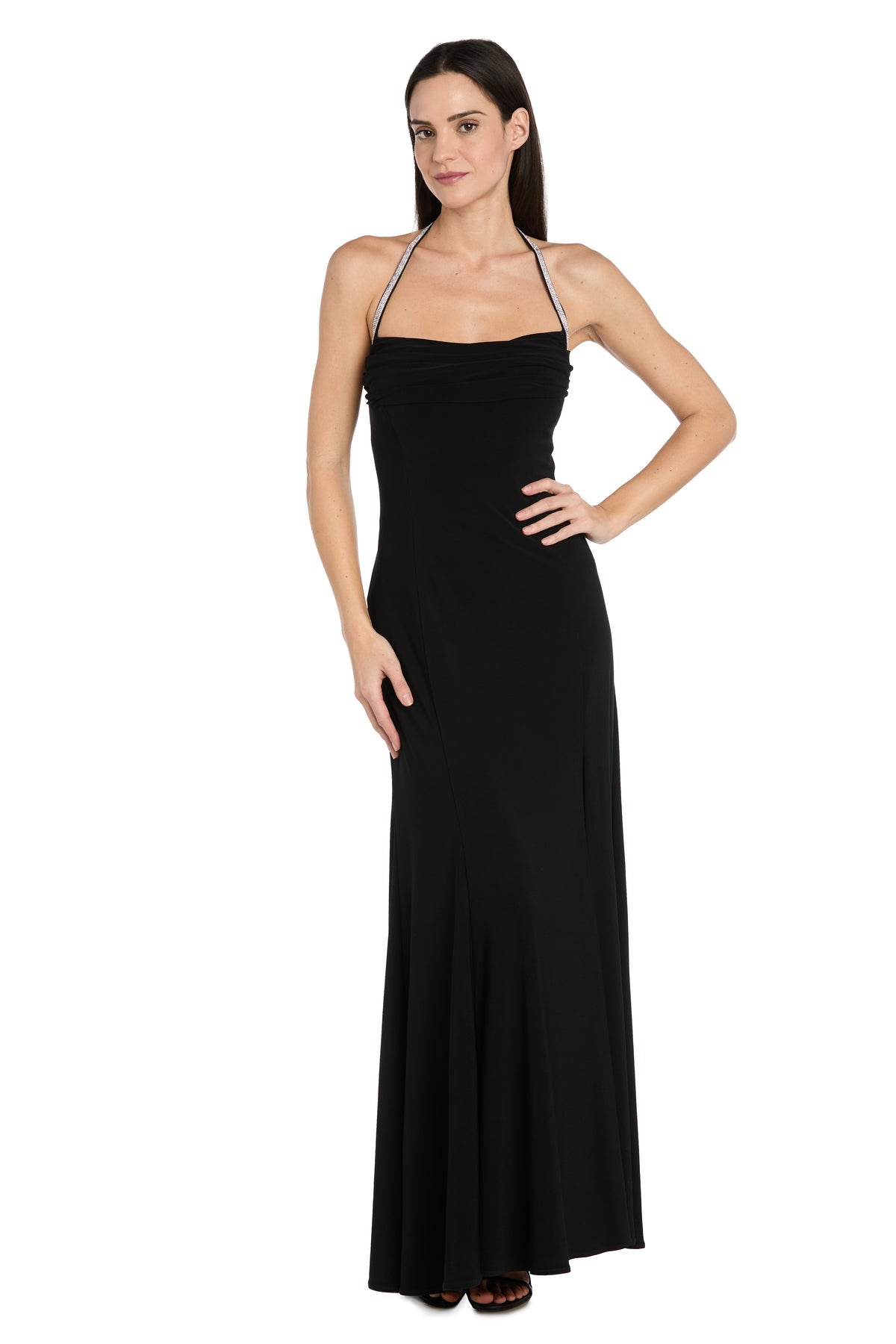 Black R&M Richards 6143P Halter Neck Floor-Length Jersey Prom Dress Slit