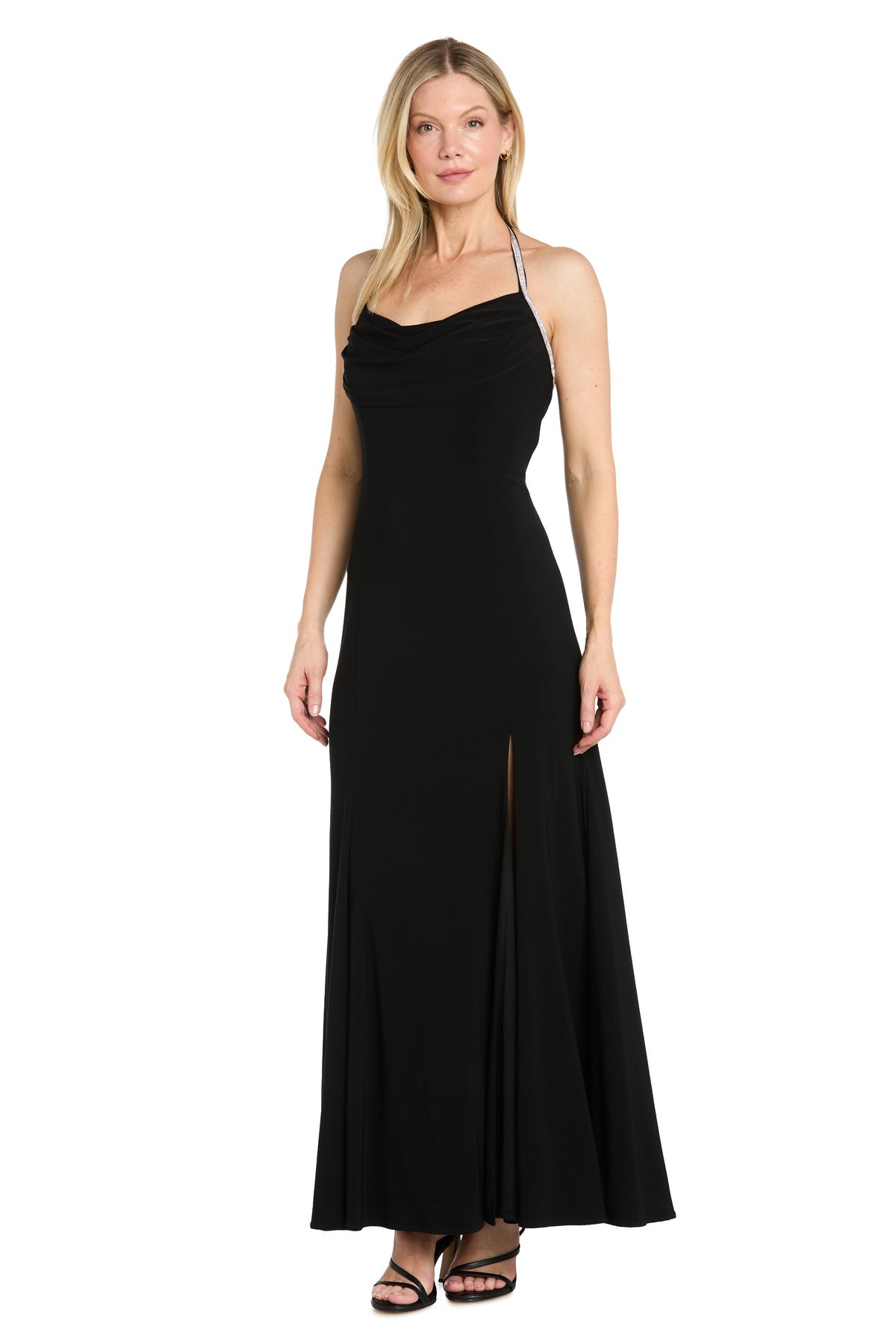 Black R&M Richards 6143P Halter Neck Floor-Length Jersey Prom Dress Slit