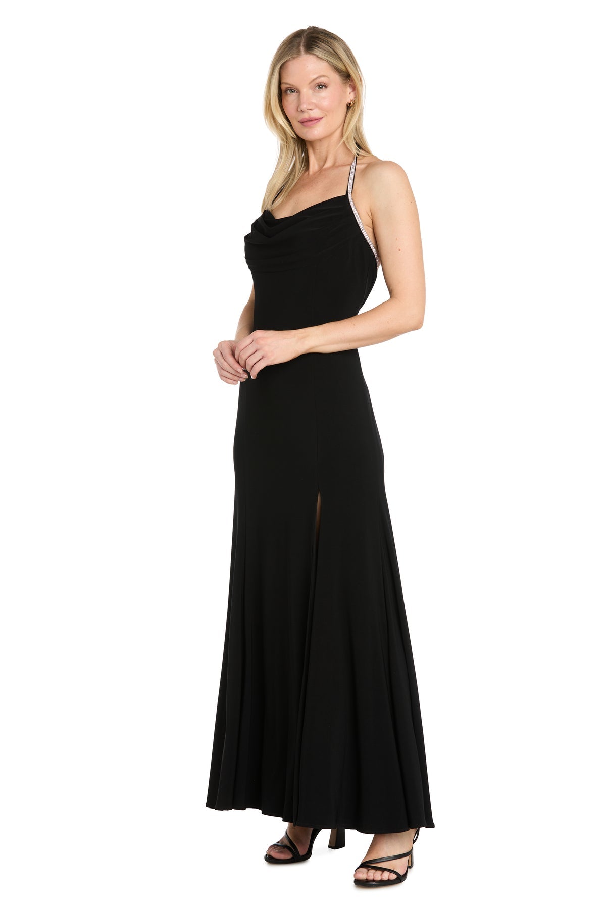 Black R&M Richards 6143P Halter Neck Floor-Length Jersey Prom Dress Slit
