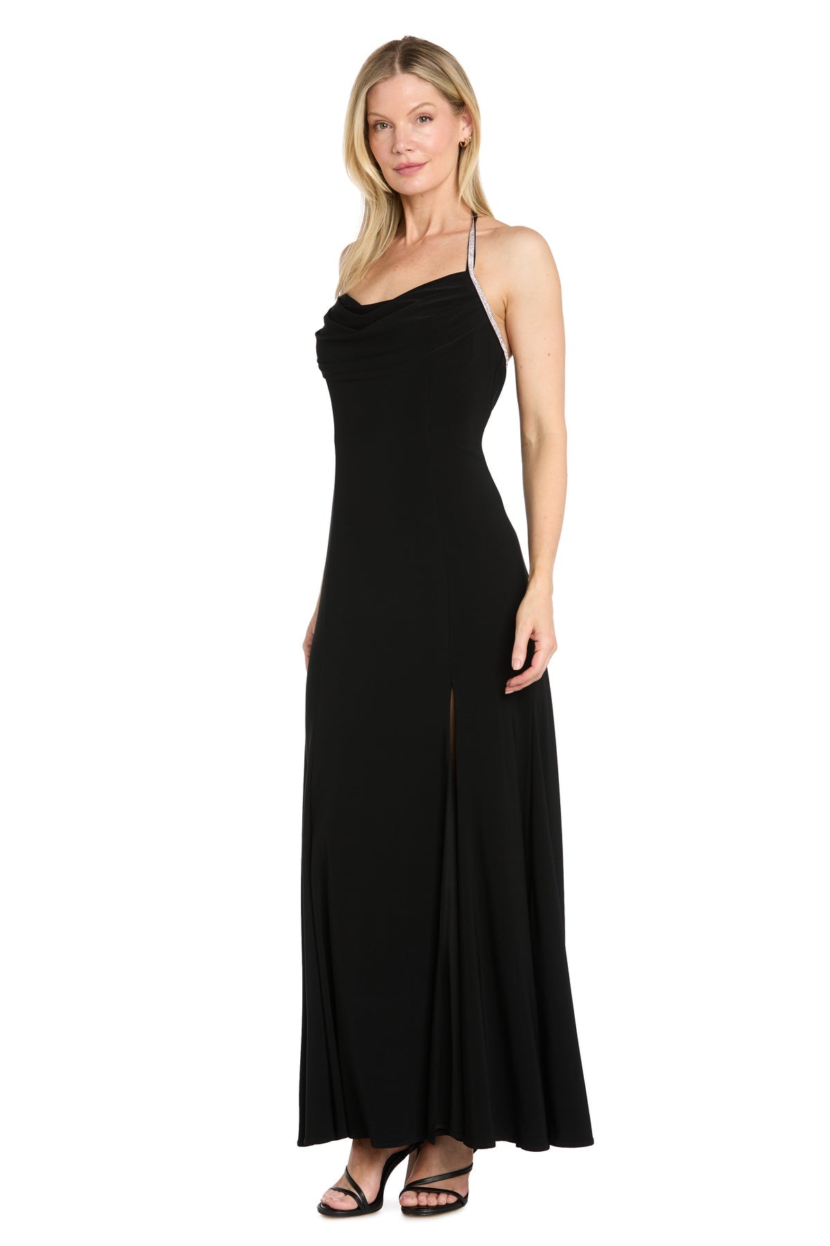 Black R&M Richards 6143P Halter Neck Floor-Length Jersey Prom Dress Slit