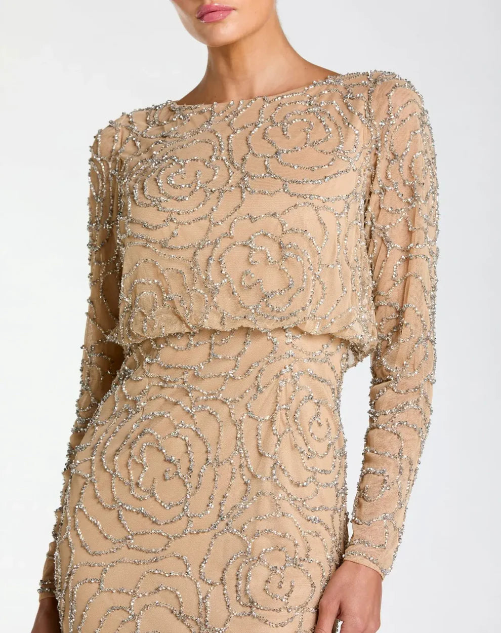 Mother of the Bride Dresses Fitted Long Formal Beaded Mother of the Bride Dress Nude Silver