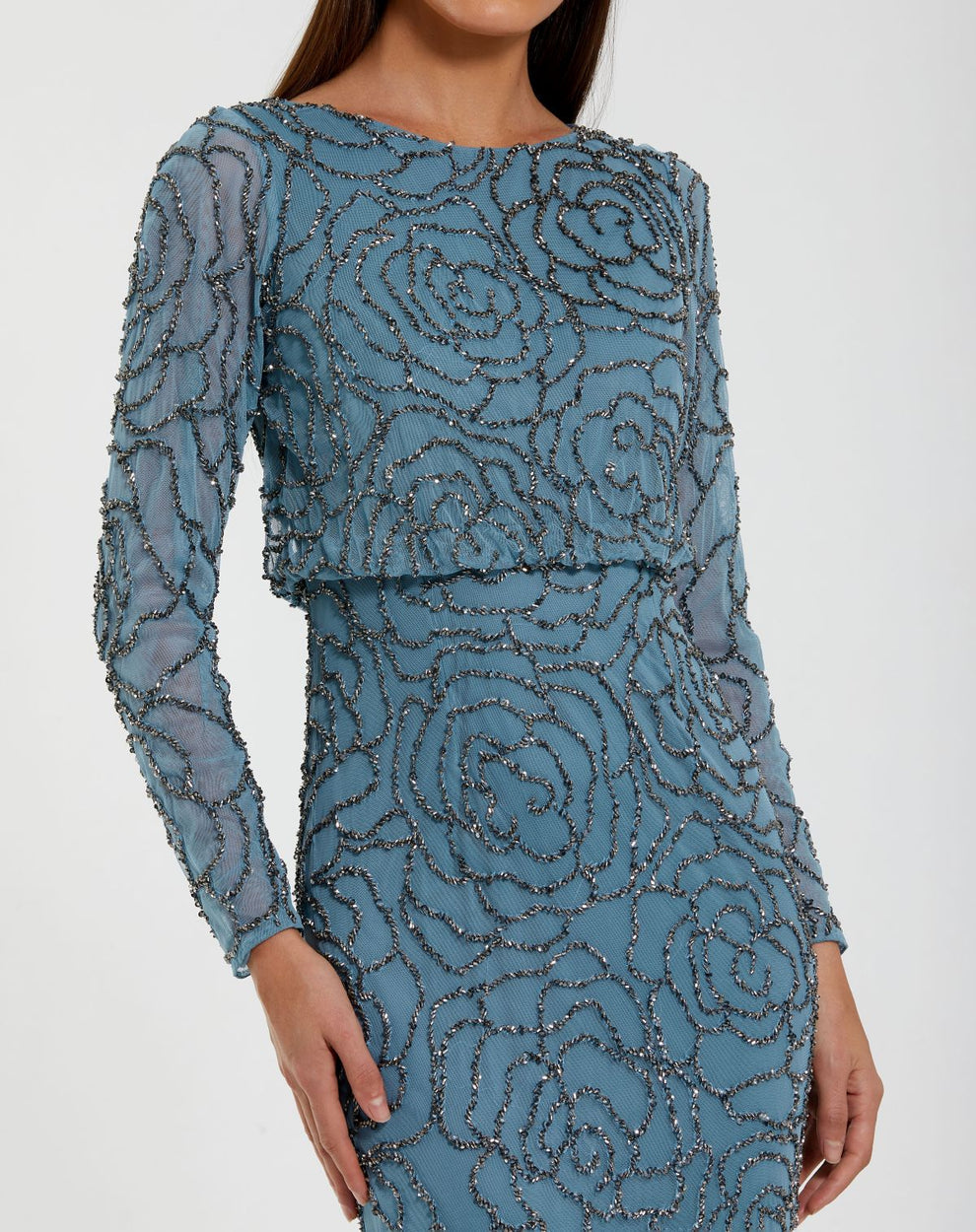 Mother of the Bride Dresses Fitted Long Formal Beaded Mother of the Bride Dress Smoky Blue