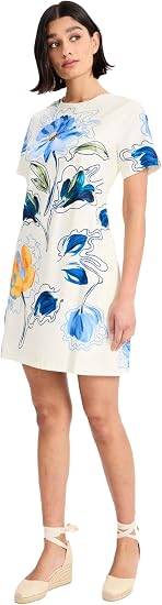 Ivory Blue Maggy London G6344M Crew Neck Mini Floral Cocktail Short Sleeve Dress