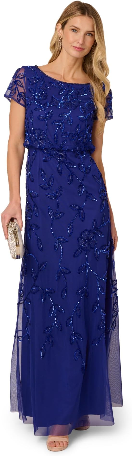 Dark Blue Violet Adrianna Papell AP1E211232 Bateau Long Mesh Evening Dress Allover Beaded Vine