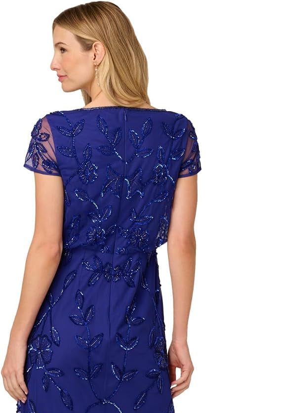 Dark Blue Violet Adrianna Papell AP1E211232 Bateau Long Mesh Evening Dress Allover Beaded Vine