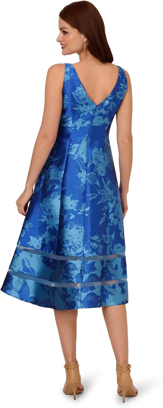Blue Multi Adrianna Papell AP1E211980W Bateau Short Jacquard Cocktail Dress