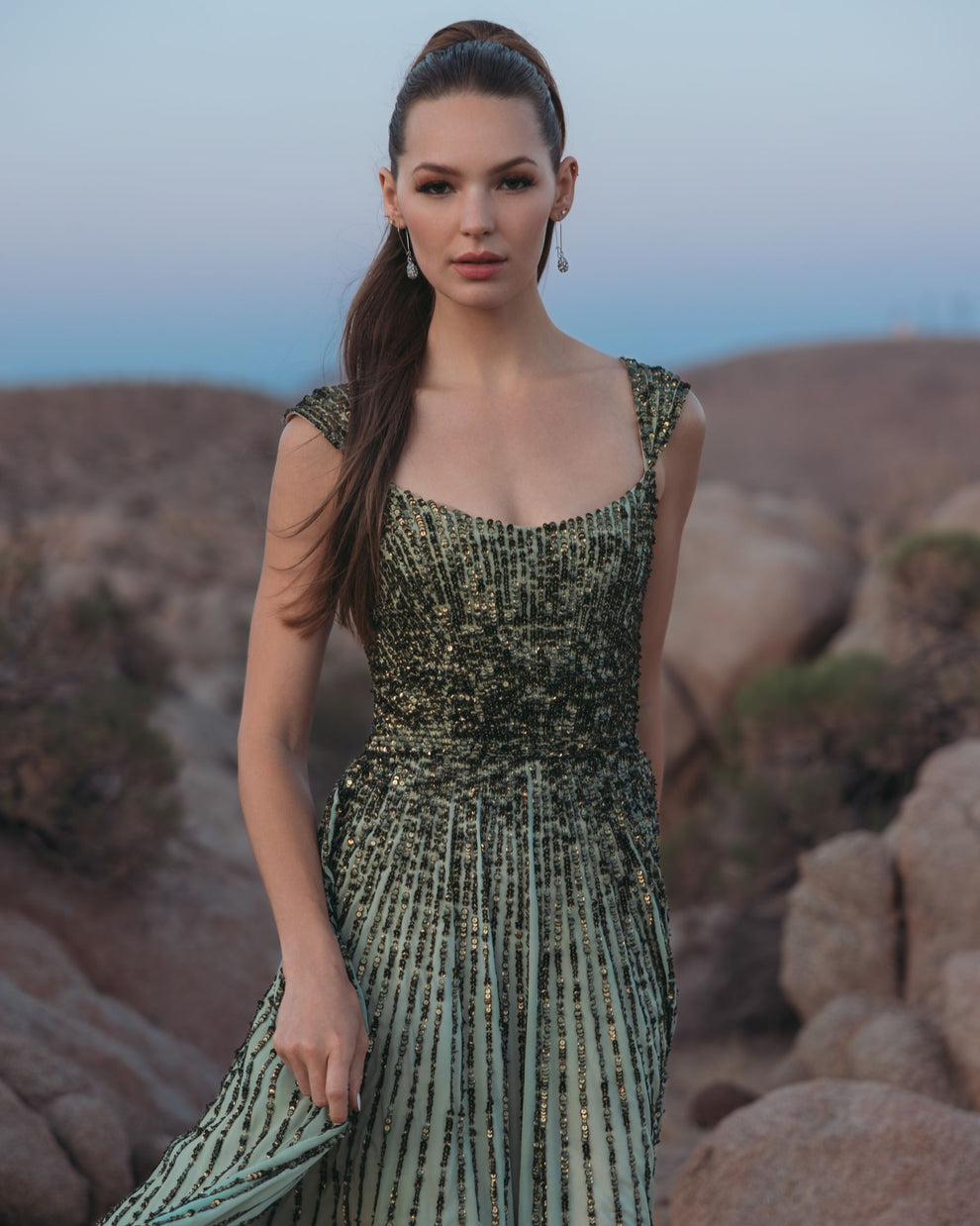 Formal Dresses Sequin Beaded A Line Long Formal Dress Patina Green