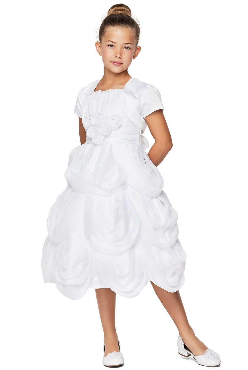 White Square Neck Tea Length Organza Flower Girl Dress with Bolero Jacket Cinderella Couture 62406B